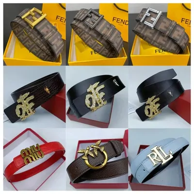 Nine designer belts with logo buckles arranged in three rows, several still on branded backing cards