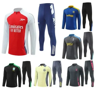 Nine football training kits in red, navy, blue, green and yellow, each a long-sleeve top with matching trousers