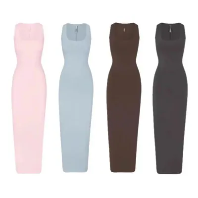 Four sleeveless full-length dresses in pink, pale blue, brown and black, shown on invisible mannequins