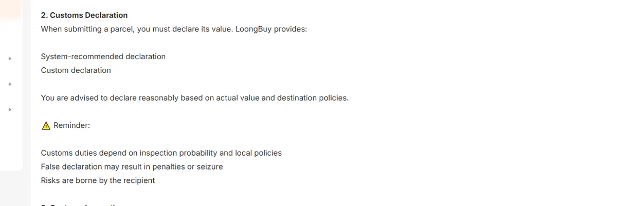 Section 2 of the LoongBuy Customs and Taxes page, Customs Declaration: when submitting a parcel you must declare its value, with a system-recommended declaration and a custom declaration offered, and a reminder that false declaration may result in penalties or seizure