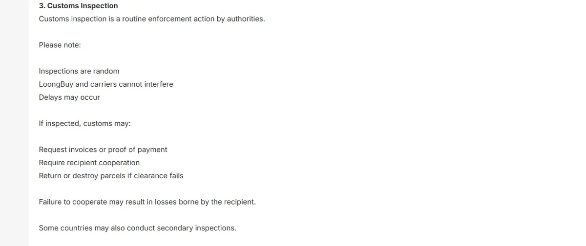 Section 3 of the LoongBuy Customs and Taxes page, Customs Inspection: inspections are random, LoongBuy and carriers cannot interfere, delays may occur, and if inspected customs may request invoices or proof of payment, require recipient cooperation, or return or destroy parcels if clearance fails