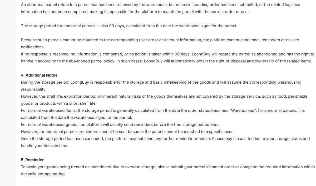 Sections 3 to 5 of the LoongBuy Storage page: Abnormal Parcel Storage Rules, Additional Notes explaining that the storage period for normal items is counted from the date the status becomes Warehoused, and a closing Reminder