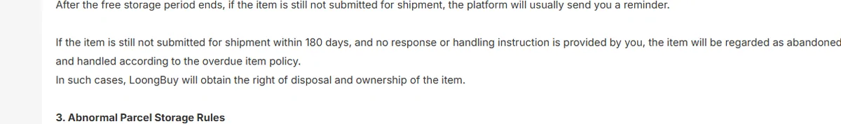 Two paragraphs of the LoongBuy Storage page stating that a reminder is usually sent after the free period ends, and that an item still not submitted within 180 days with no response is regarded as abandoned and handled under the overdue item policy