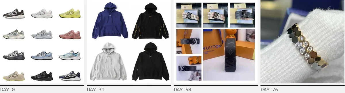 Four product photos in a row labelled Day 0, Day 31, Day 58 and Day 76: white sneakers, four plain hoodies, a grid of belts and small leather goods, and a jewelled bracelet on a wrist
