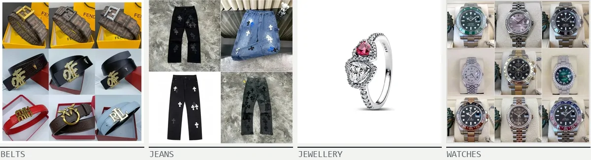 Four product photos in a row labelled Belts, Jeans, Jewellery and Watches: a grid of logo-buckle belts, four pairs of distressed jeans, a silver ring with a red stone, and nine steel wristwatches