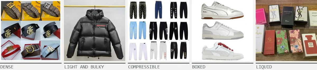 Five product photos in a row labelled Dense, Light and bulky, Compressible, Boxed and Liquid: logo-buckle belts, a black puffer jacket, printed joggers, white leather sneakers, and ten boxed designer fragrances