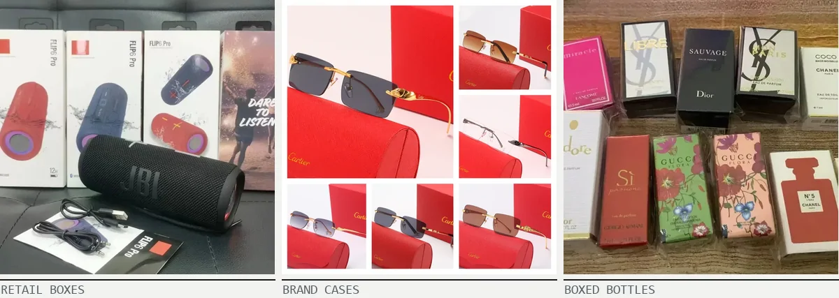 Three product photos in a row labelled Retail boxes, Brand cases and Boxed bottles: JBL speakers beside their printed cartons, sunglasses in front of red branded boxes, and ten boxed designer fragrances on a wooden surface