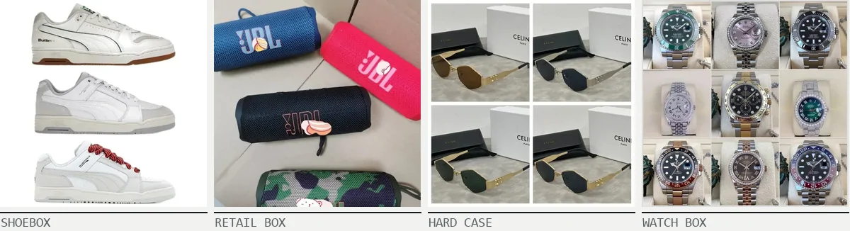 Four product photos in a row labelled Shoebox, Retail box, Hard case and Watch box: white leather sneakers, boxed JBL speakers, sunglasses in front of white boxes, and nine steel wristwatches