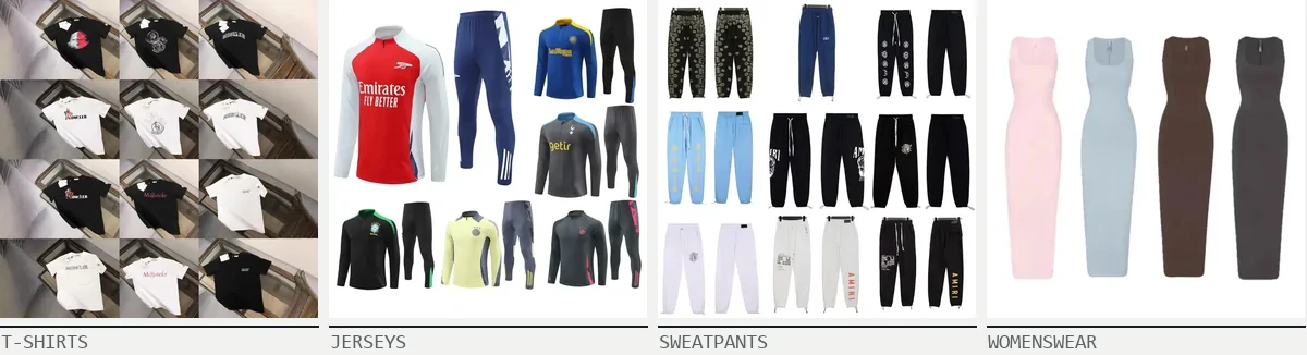 Four product photos in a row labelled T-shirts, Jerseys, Sweatpants and Womenswear: a grid of printed tees, football training kits, printed joggers and four sleeveless dresses